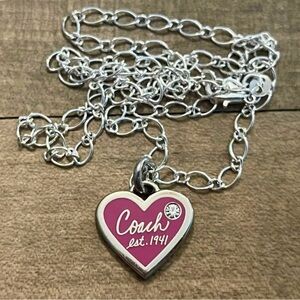 Coach Hot Pink Crystal Enamel Poppy Heart Pendant .925 Sterling Silver Necklace